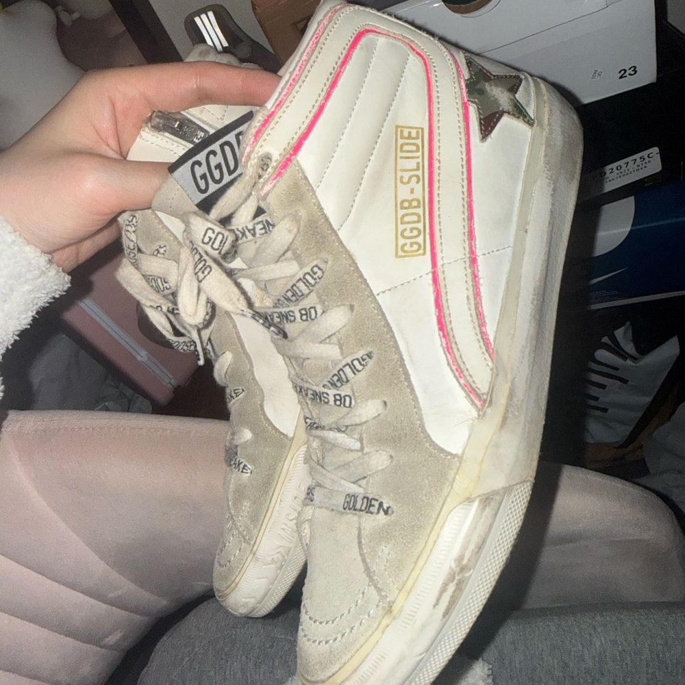 Golden Goose Slide Sneakers in White, Beige, Neon Pink & CAMO star! 🌟 🩷💚🤎🤍